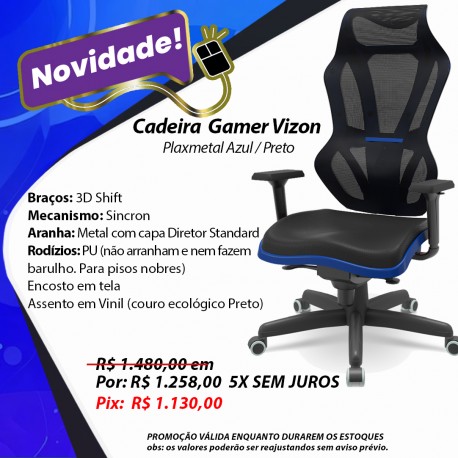 Cadeira Gamer Vizon Plaxmetal Azul / Preto