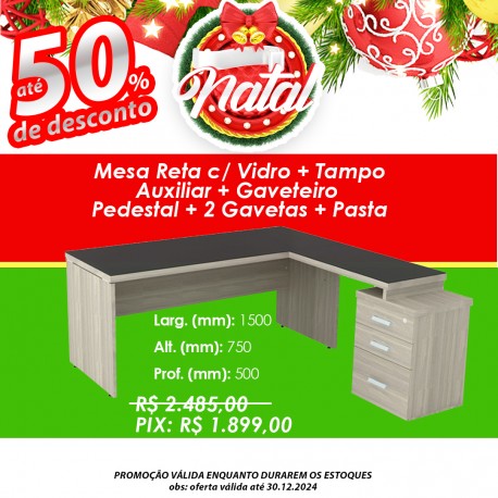 Mesa Reta c/ Vidro + Tampo Auxiliar + Gaveteiro  Pedestal + 2 Gavetas + Pasta